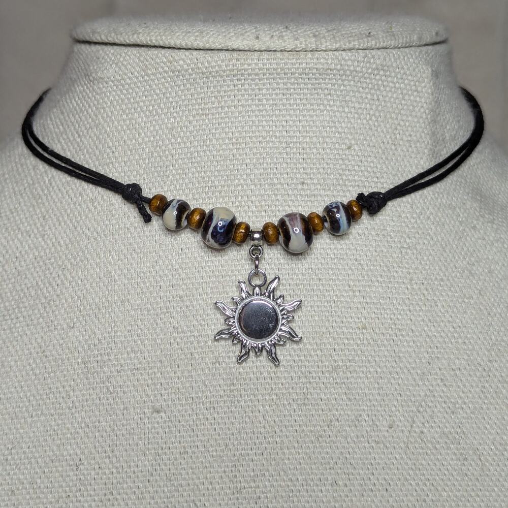 Silver Sun Stainless Steel Ceramic Beaded Brown Boho Hippie Choker Necklace